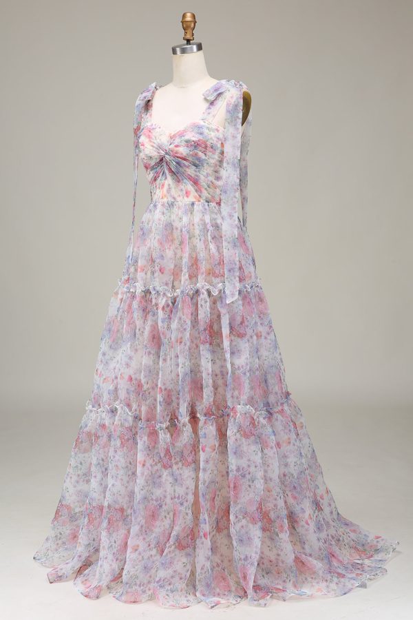 A-Line Spaghetti Straps Lilac Flower Printed Prom Dress Online Sale