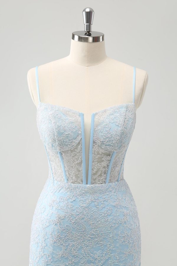 Light Blue Bodycon Spaghetti Straps Corset Homceoming Dress with Sequins Sale