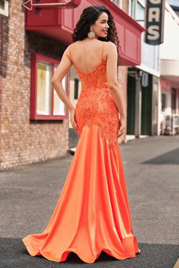 Orange Mermaid Corset Spaghetti Straps Beaded Long Prom Dress Fashion