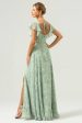 Dusty Sage Square Neck Printed Flower Long Bridesmaid Dress with Slit on Sale