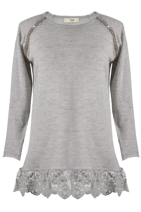 LEANDER Grey Lace Long Blouse For Cheap