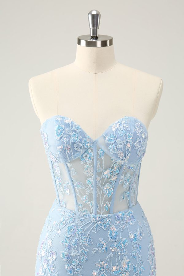 Light Blue Corset Sequins Sweetheart Short Tight Homecoming Dress with Lace-up Back Cheap