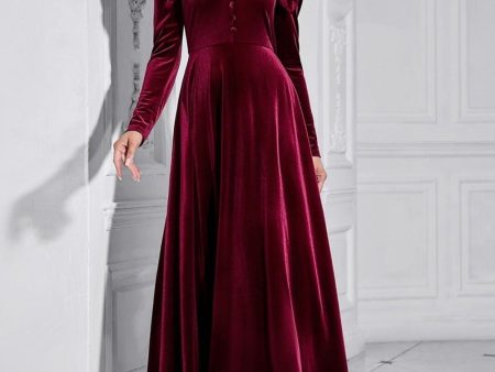 A Line V Neck Burgundy Ruffled Long Velvet Prom Dress For Discount