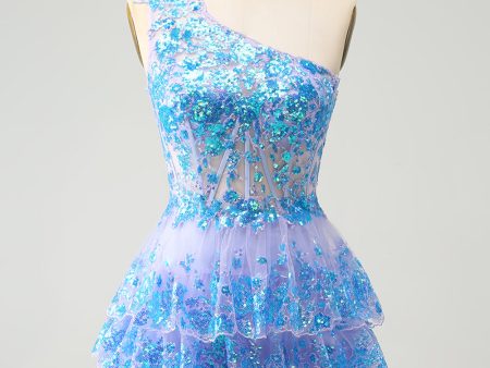 Sparkly Light Blue A-Line One Shoulder Tiered Sequined Homecoming Dress Cheap