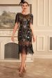 Black Golden Sheath 1920s Great Gatsby Sequin Fringe Flapper Dress with Sleeve Fashion