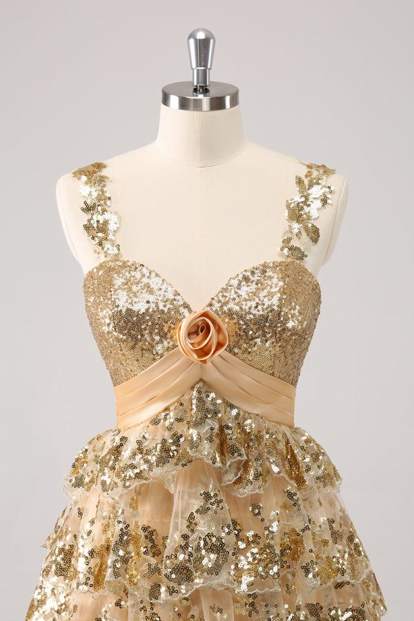 Golden A-Line Spaghetti Straps Sequined Homecoming Dress with Flower For Sale