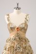 Golden A-Line Spaghetti Straps Sequined Homecoming Dress with Flower For Sale