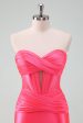 Hot Pink Bodycon Sweetheart Satin Corset Short Homecoming Dress Cheap