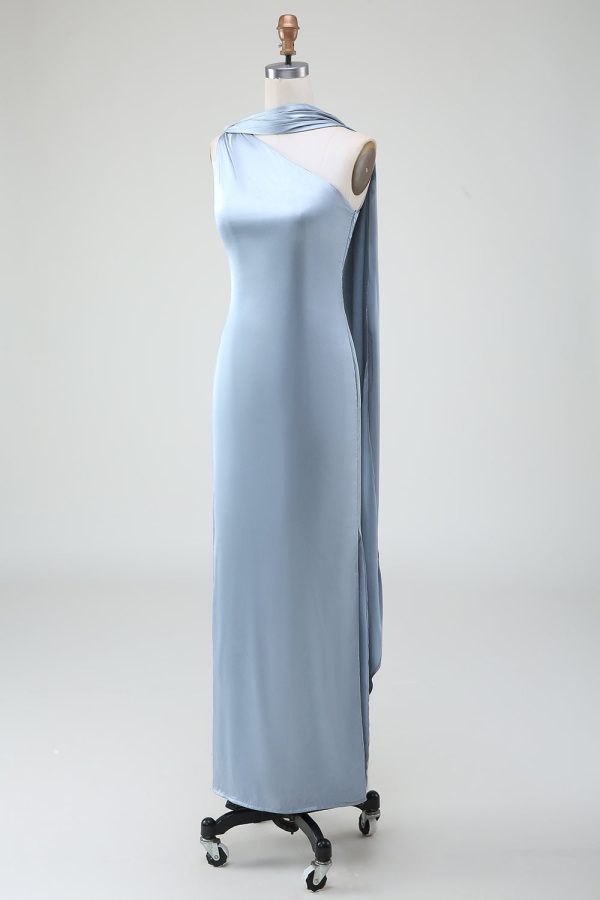 Blue Sheath One Shoulder Satin Long Bridesmaid Dress For Cheap