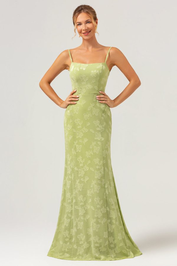 Green Mermaid Spaghetti Straps Embroidered Bridesmaid Dress with Lace Up Back Online Hot Sale