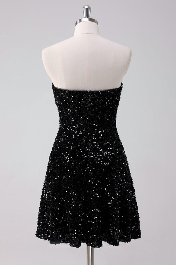 Sparkly Black A-Line Strapless Sequins Short Homecoming Dress Fashion