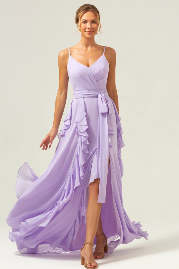 Lilac Spaghetti Straps A-Line Chiffon Ruffled Bridesmaid Dress with Slit For Cheap