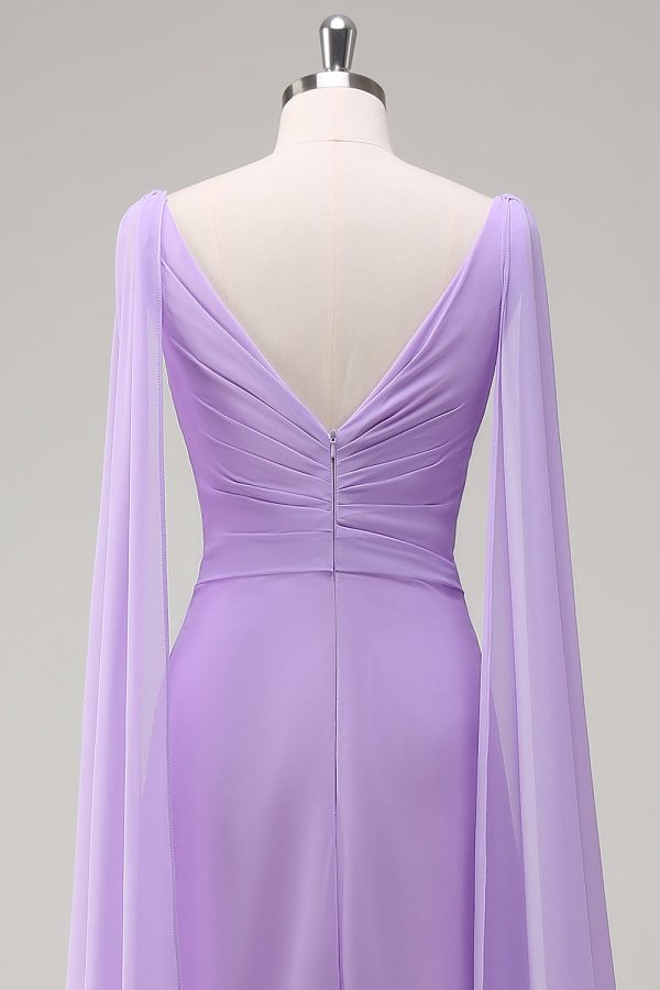 Elegant Lilac Chiffon A-Line Gown with Flowing Cape Sleeves on Sale