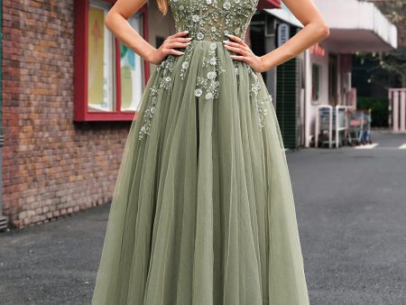 Green A Line Corset Sequin Tulle Long Prom Dress with Lace Up Back Online now