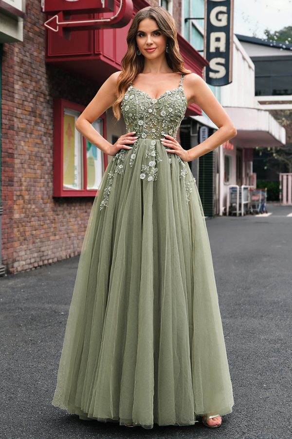 Green A Line Corset Sequin Tulle Long Prom Dress with Lace Up Back Online now