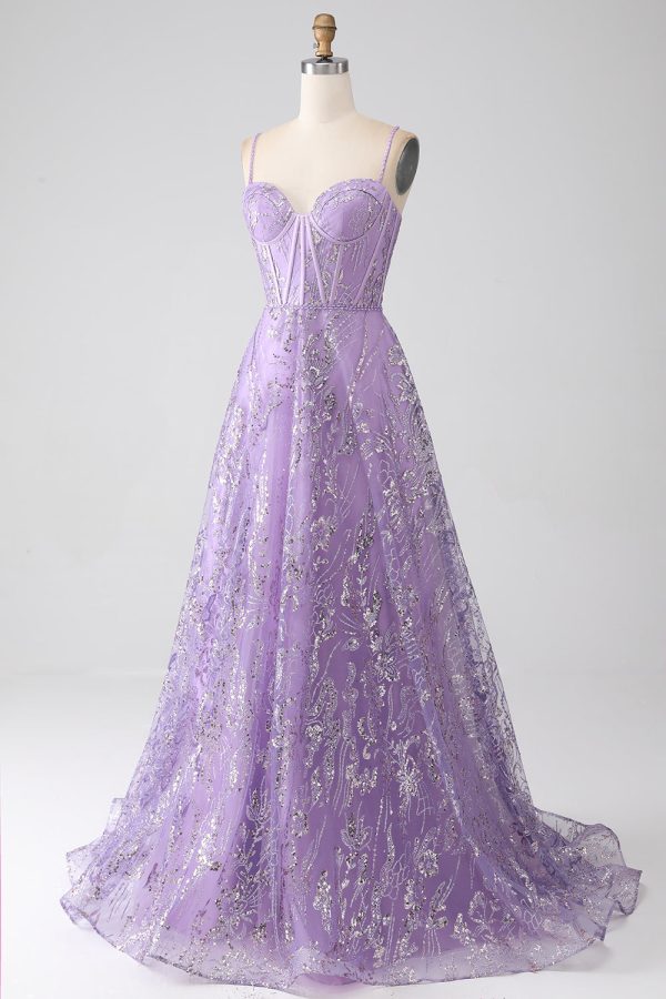 A-Line Spaghetti Straps Lilac Corset Prom Dress with Sequins For Discount