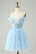 Light Blue A Line Off The Shoulder Corset Short Homecoming Dress Online Sale