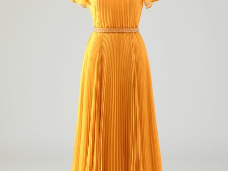 A-Line Round Neck Pleated Yellow Mother of Bride Dress With Short Sleeves Fashion