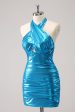 Metallic Tight Halter Backless Satin Blue Homecoming Dress Discount