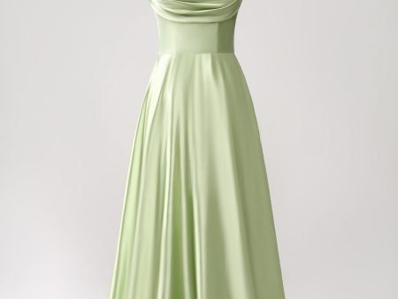 Dusty Sage A Line Cowl Neck Satin Long Prom Dress with Pleated For Sale