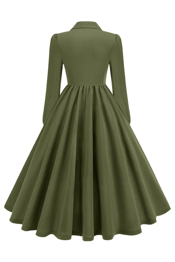 Army Green Notched Lapel Pleated 1950s Dress with Long Sleeves Online