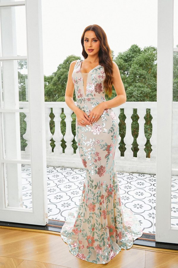 Apricot Floral Mermaid Long Prom Dress Online