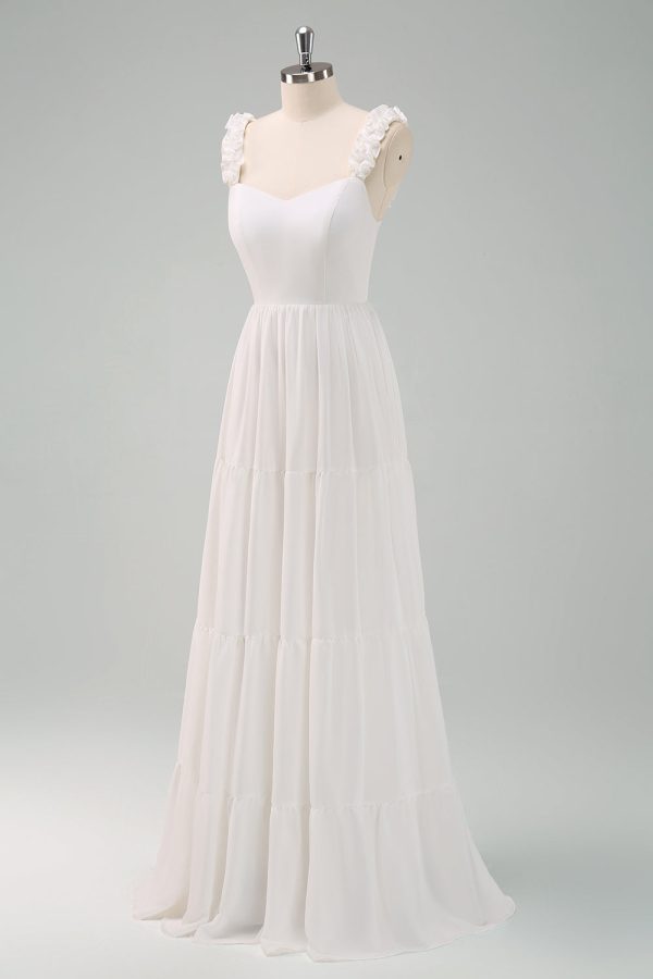 A-Line White Spaghetti Straps Pleated Long Wedding Dress with Bow Fashion