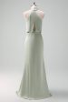 Dusty Sage Sheath Halter Neck Satin Long Bridesmaid Dress For Discount