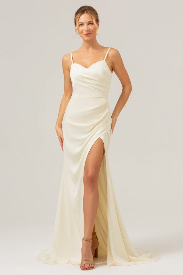 Ivory Sheath Spaghetti Straps Ruched Long Satin Bridesmaid Dress With Slit Online now