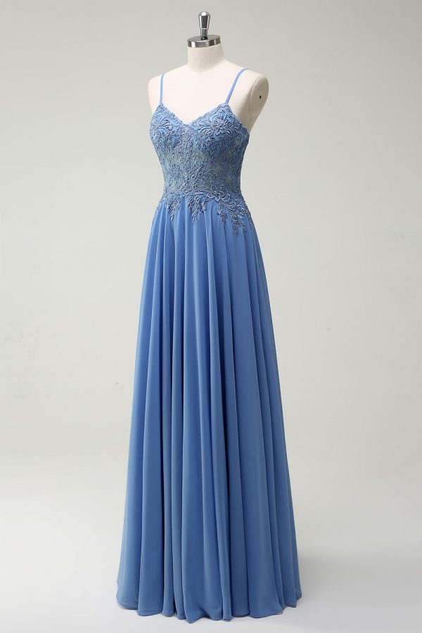 A Line Spaghetti Straps Pleated Long Prom Dress with Appliques Online Hot Sale