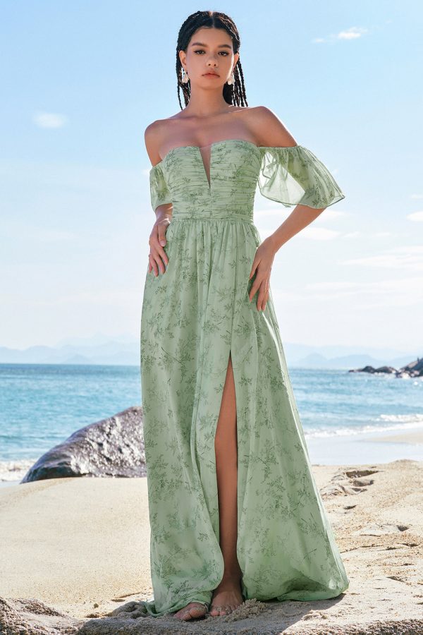 Dusty Sage A-Line Off Shoulder Print Long Bridesmaid Dress with Slit Supply