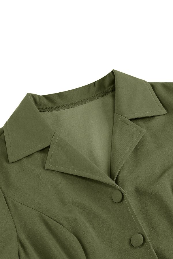 Army Green Notched Lapel Pleated 1950s Dress with Long Sleeves Online