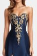 Beaded Navy Blue A Line Sweetheart Satin Sparkly Formal Dress with Slit Fashion