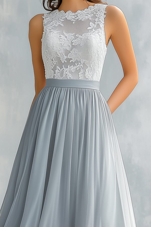 Light Grey A Line Lace Chiffon Long Bridesmaid Dress Fashion