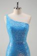 Sparkly Sequins Blue Bodycon One Shoulder Short Cocktail Dress Discount