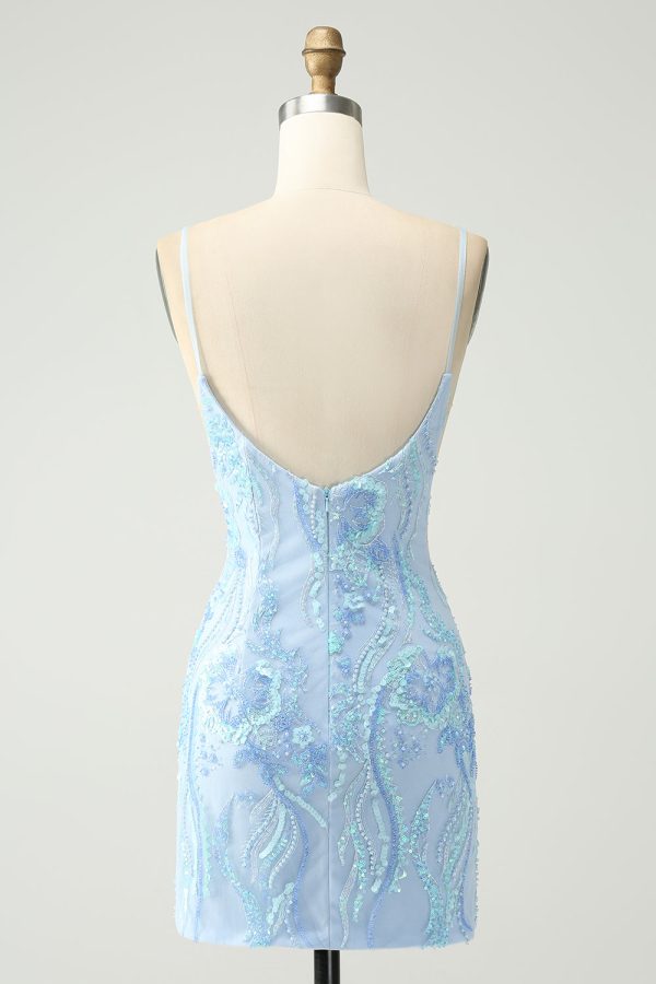 Light Blue Spaghetti Straps Tight Short Homecoming Dress with Sequins For Discount