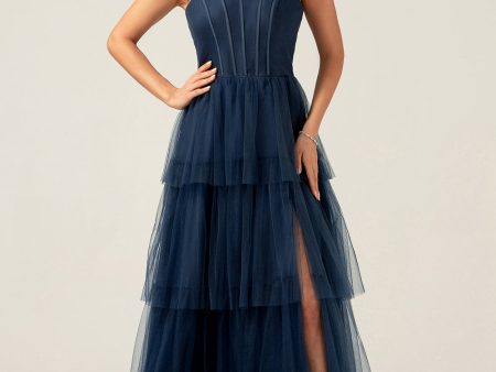 Detachable Straps A Line Navy Tiered Long Bridesmaid Dress on Sale