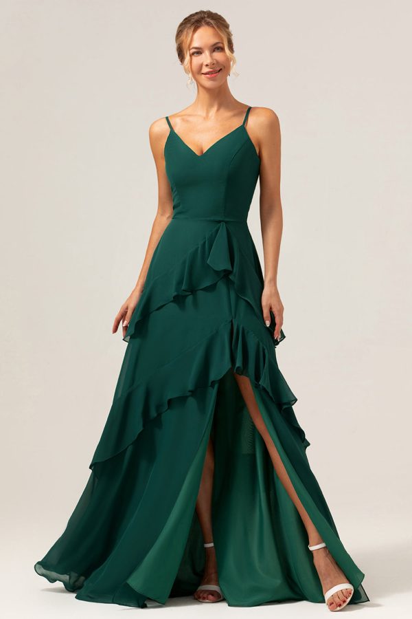 Dark Green A-Line Spaghetti Straps Chiffon Long Bridesmaid Dress with Ruffles Online Sale