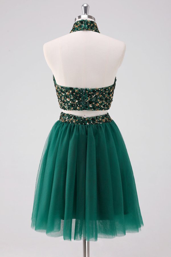 Sparkly A-Line Dark Green Halter Short Homecoming Dress with Sequins Online