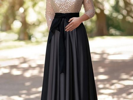 Sparkly Champagne Black A-Line Sequined Top Long Sleeves V Neck Long Mother of the Bride Dress Discount