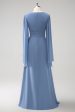 Grey Blue A Line Long Sleeves Chiffon Bridesmaid Dress with Slit Hot on Sale