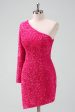 Sparkly Fuchsia One Shoulder Sequin Tight Short Homecoming Dress with Fringe For Sale