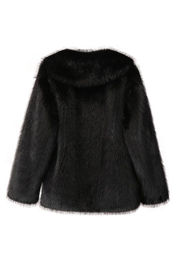 Black Notched Lapel Long Sleeves Faux Fur Short Coat Online Sale