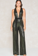 Sparkly Olive Deep V-Neck Sequins Mother of the Bride Jumpsuits with Belt Hot on Sale