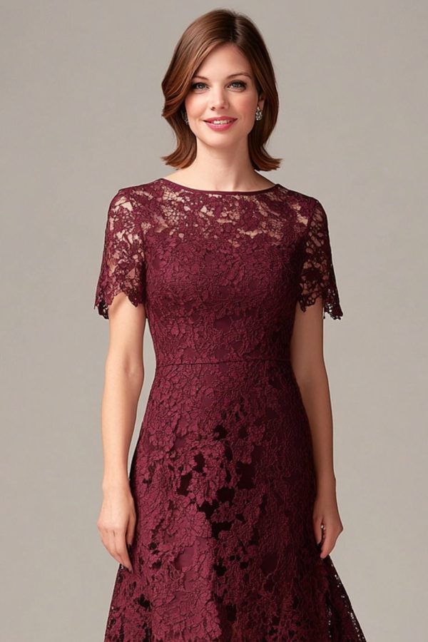 Burgundy Sheath Lace Short Sleeves Hi-Low Mother of the Bride Dress Fashion