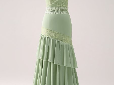 Sheath Green Floral Ruffled Chiffon Bridesmaid Dress with Lace For Sale