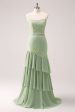 Sheath Green Floral Ruffled Chiffon Bridesmaid Dress with Lace For Sale