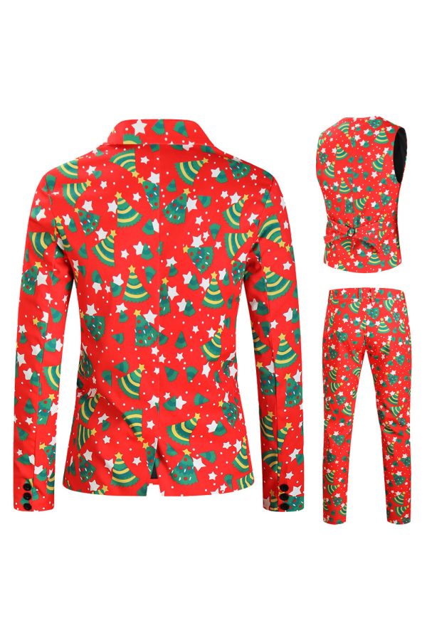 Red Christmas Green Tree Printed 3 Pieces Men s Festival Suits on Sale