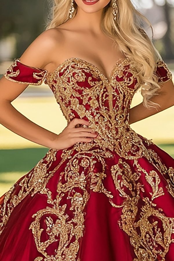 Sparkly Red Golden Satin Quinceanera Dress with Appliques Online Sale