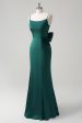 Dark Green Mermaid Spaghetti Straps Satin Bow Ruffle Long Bridesmaid Dress Online Hot Sale